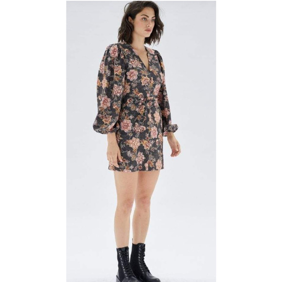 MINKPINK Women's Floral Balloon Sleeve Mehdya V-Neck Mini Dress Size Large NWT - Picture 2 of 7